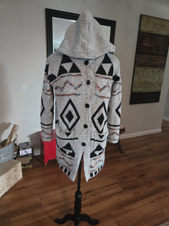 Northern Angel Tops - Hooded Aztec-Pattern Trench Coat - Gray